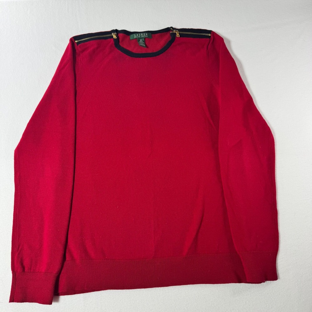 Lauren Ralph Lauren Womens Red Cotton Blend Sweater Size M Zipper Shoulder Top